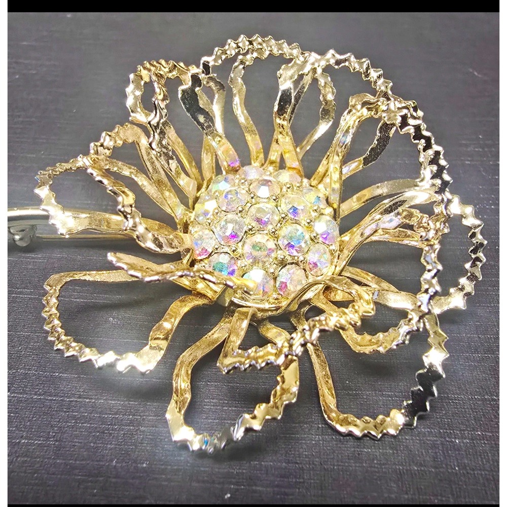 Vintage 1968 Sarah Coventry Allusion Gold Tone Flower Brooch AB Rhinestone
